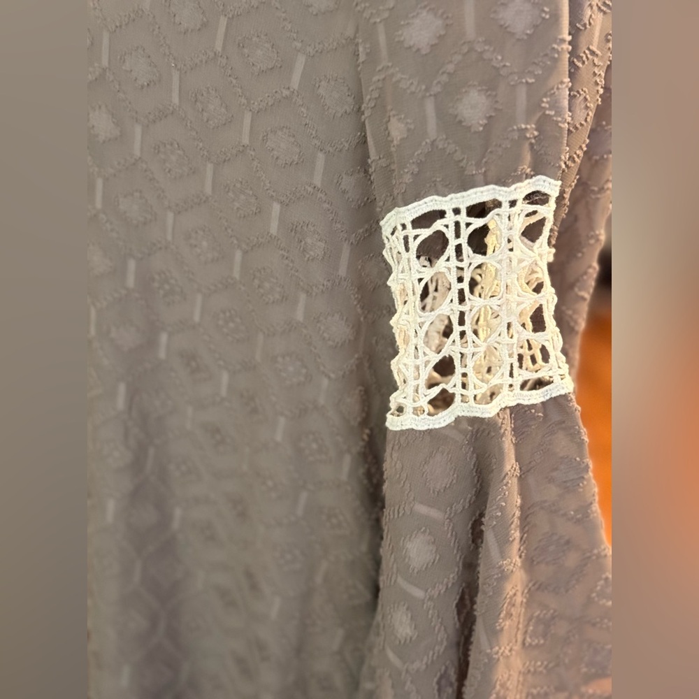 VaVa by Joy Han Bohemian Dress Taupe Big Bell Sleeves Size L Lace Trim Lined - Picture 8 of 14